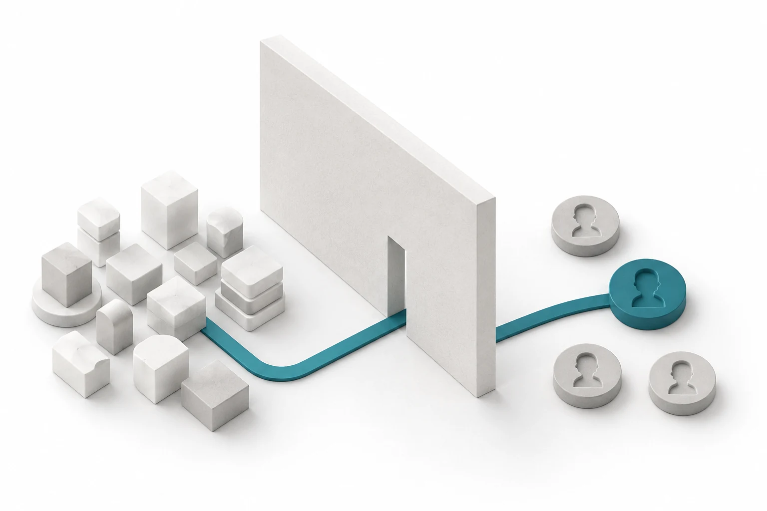 A path leads from a stack of finished products through a narrow opening to the right buyer.