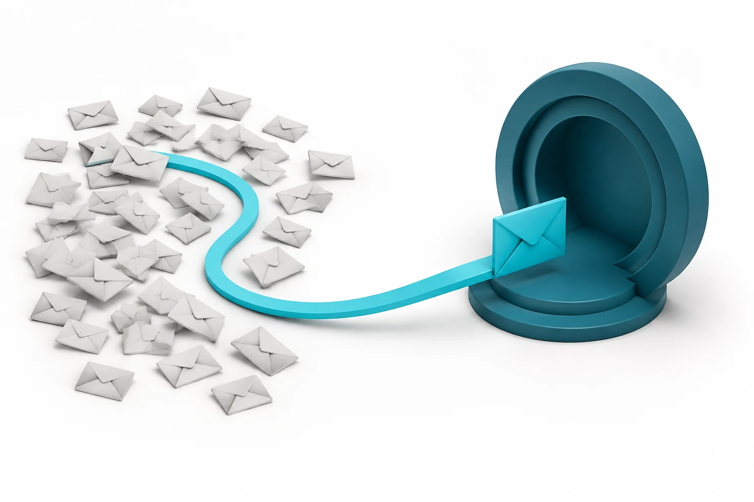 One teal message follows a clear path to a receptive destination, leaving a pile of ignored messages behind.
